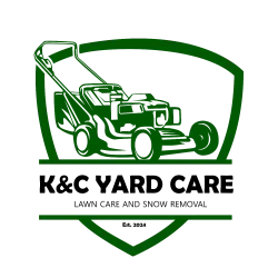 K&C Yard Care Logo showing a lawnmower with the business name in green with a subtitle of lawn care and snow rlemoval